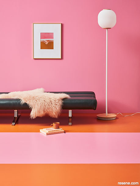 A bubblegum pink and bitter orange interior