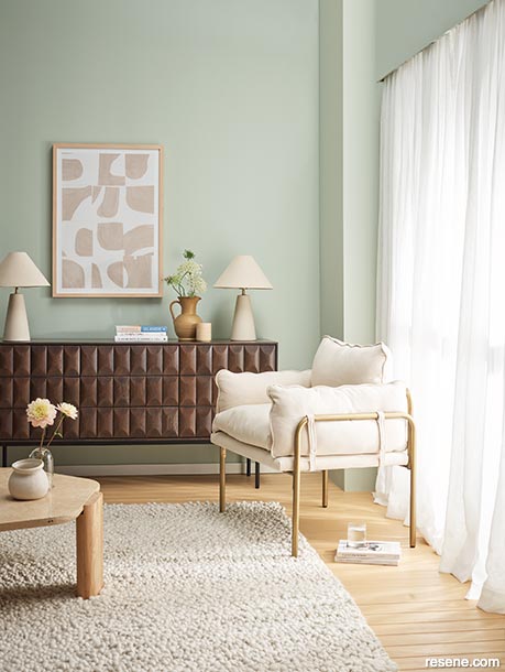 A living room painted with sea glass pastels
