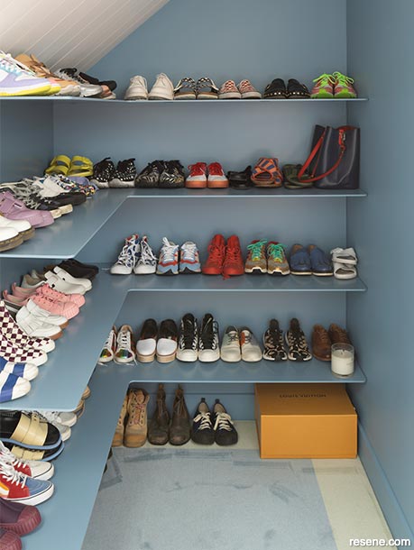 A functional shoe closet is serene and inviting painted in Resene Lazy River