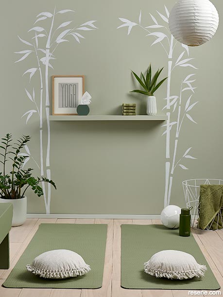 A zen meditation room using soft green Resene Half Secrets