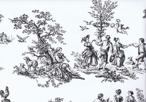 Toile de jouy designs depicting scenes from 18th century rural settings