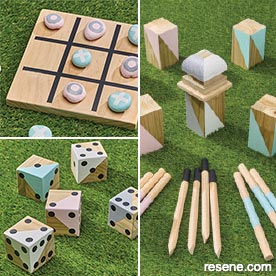 Make outdoor games, kubb, noughts and crosses and yardzee